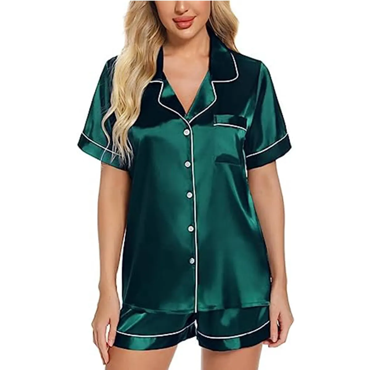 Caprisious Women’s Satin Pajama Short Sleeve Green top and Shorts Set