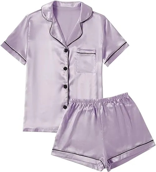 Caprisious Women’s Satin Pajama Short Sleeve Purple top and Shorts Set
