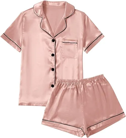 Caprisious Women’s Satin Pajama Short Sleeve Champagne Pink top and Shorts Set