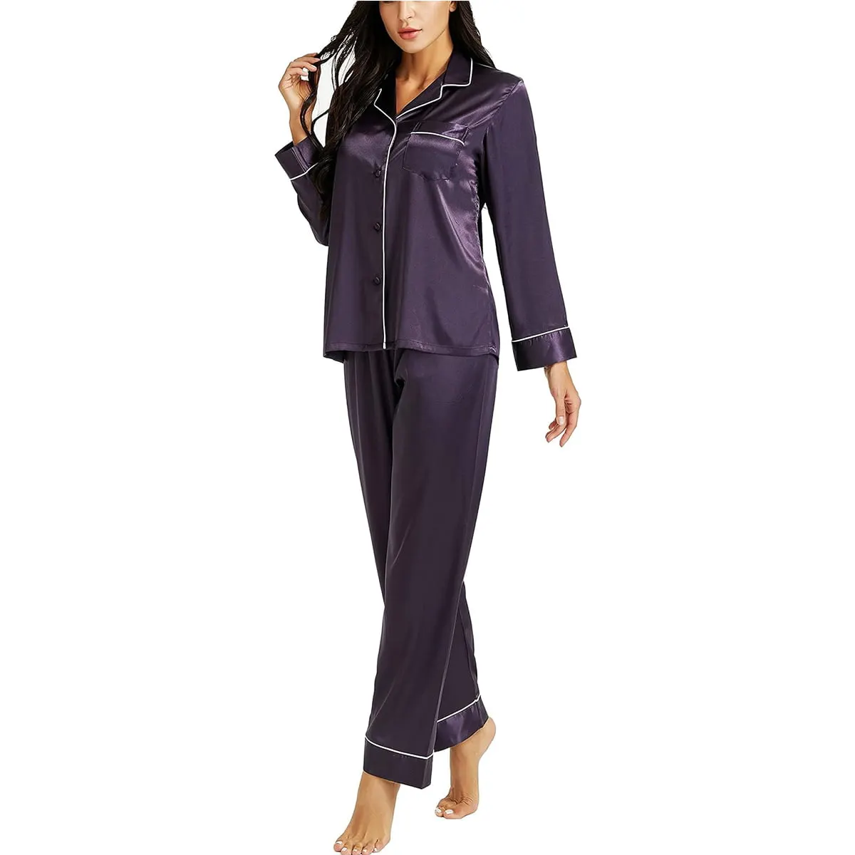 Caprisious Long-Sleeve Satin Pajama Set – Plum — Plum