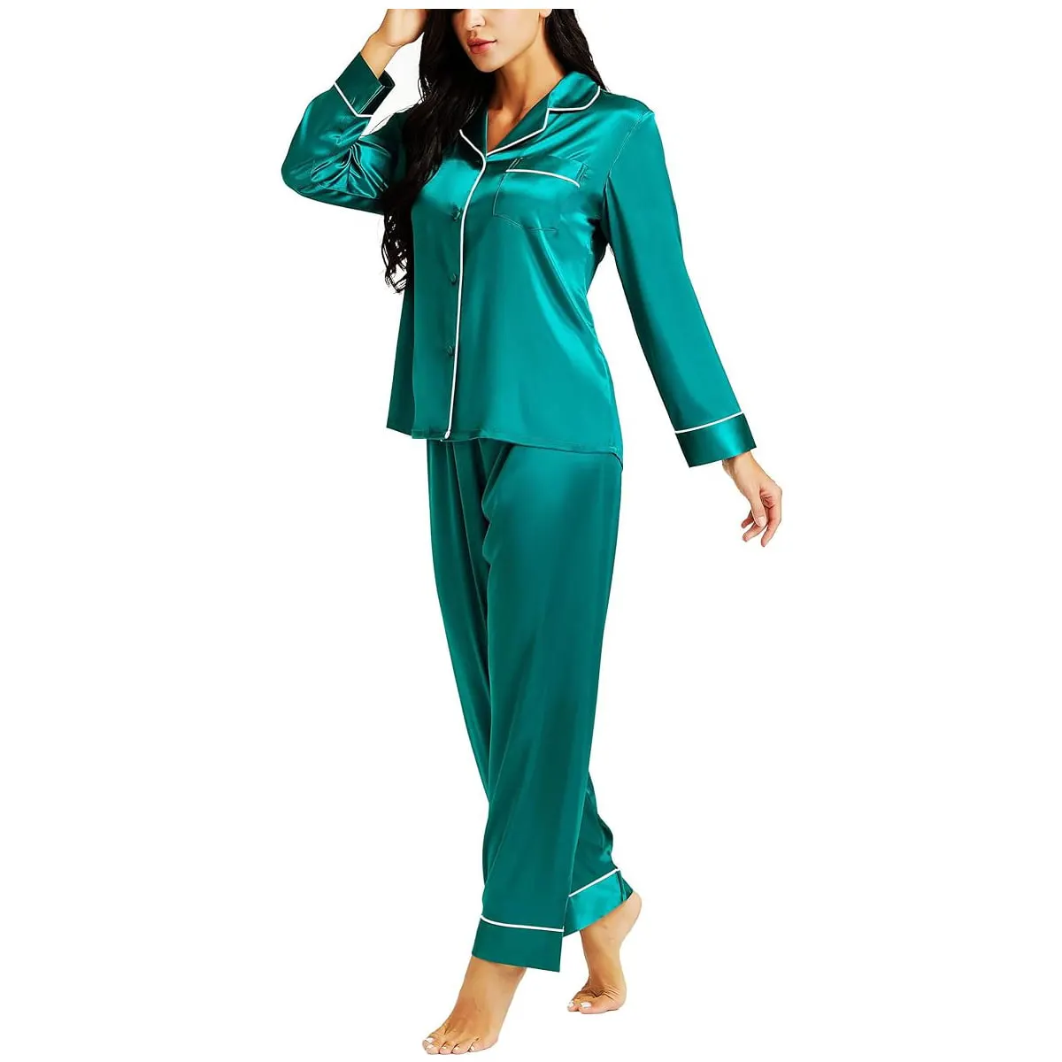 Caprisious Long-Sleeve Satin Pajama Set – Emerald Green — Emerald