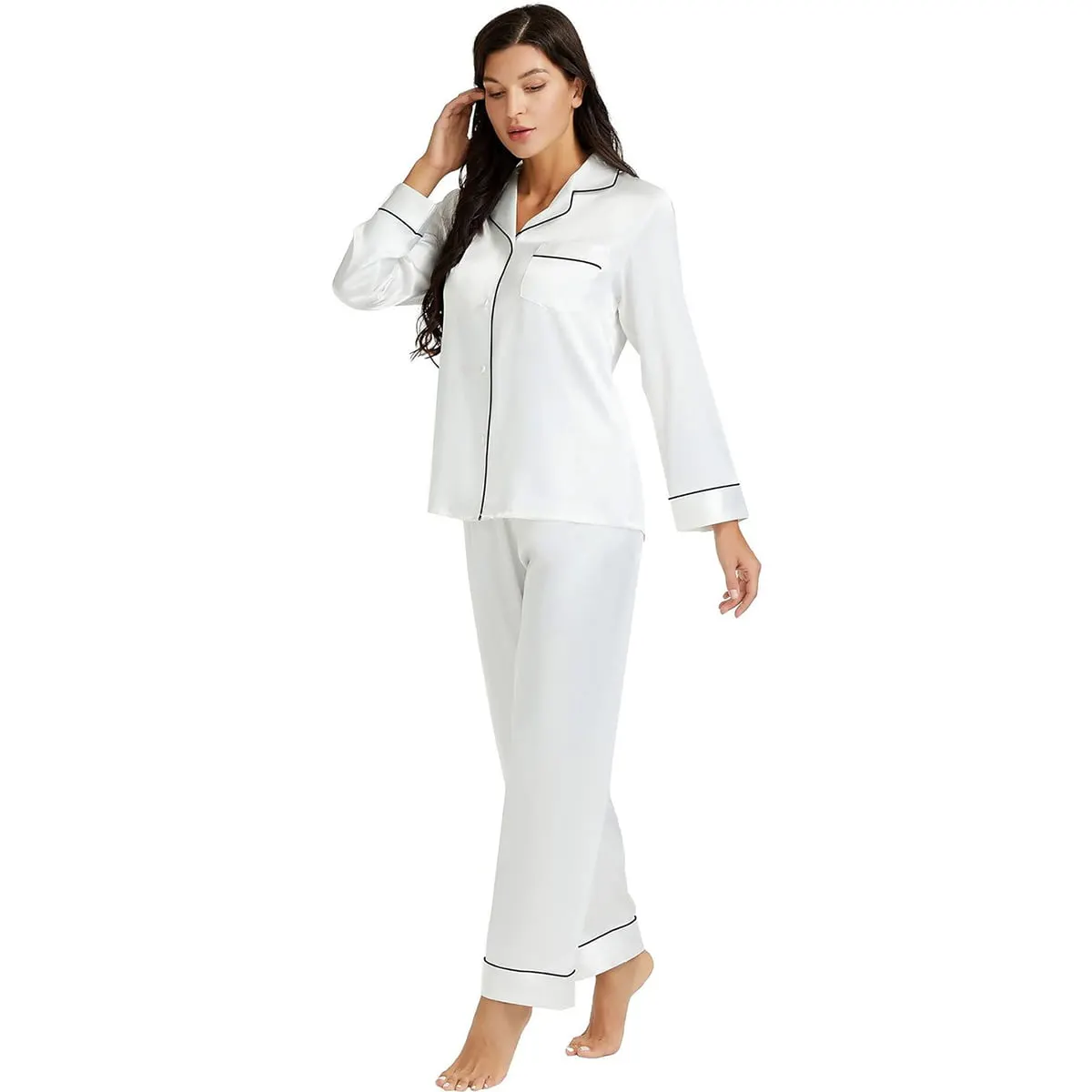 Caprisious Long-Sleeve Satin Pajama Set – White — Ivory