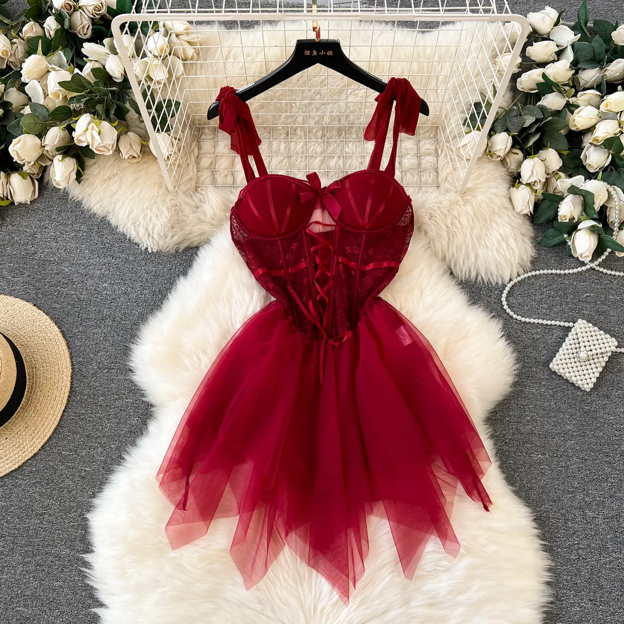 Caprisious Elegant Lace Corset Dress with Adjustable Straps and Matching Bottoms