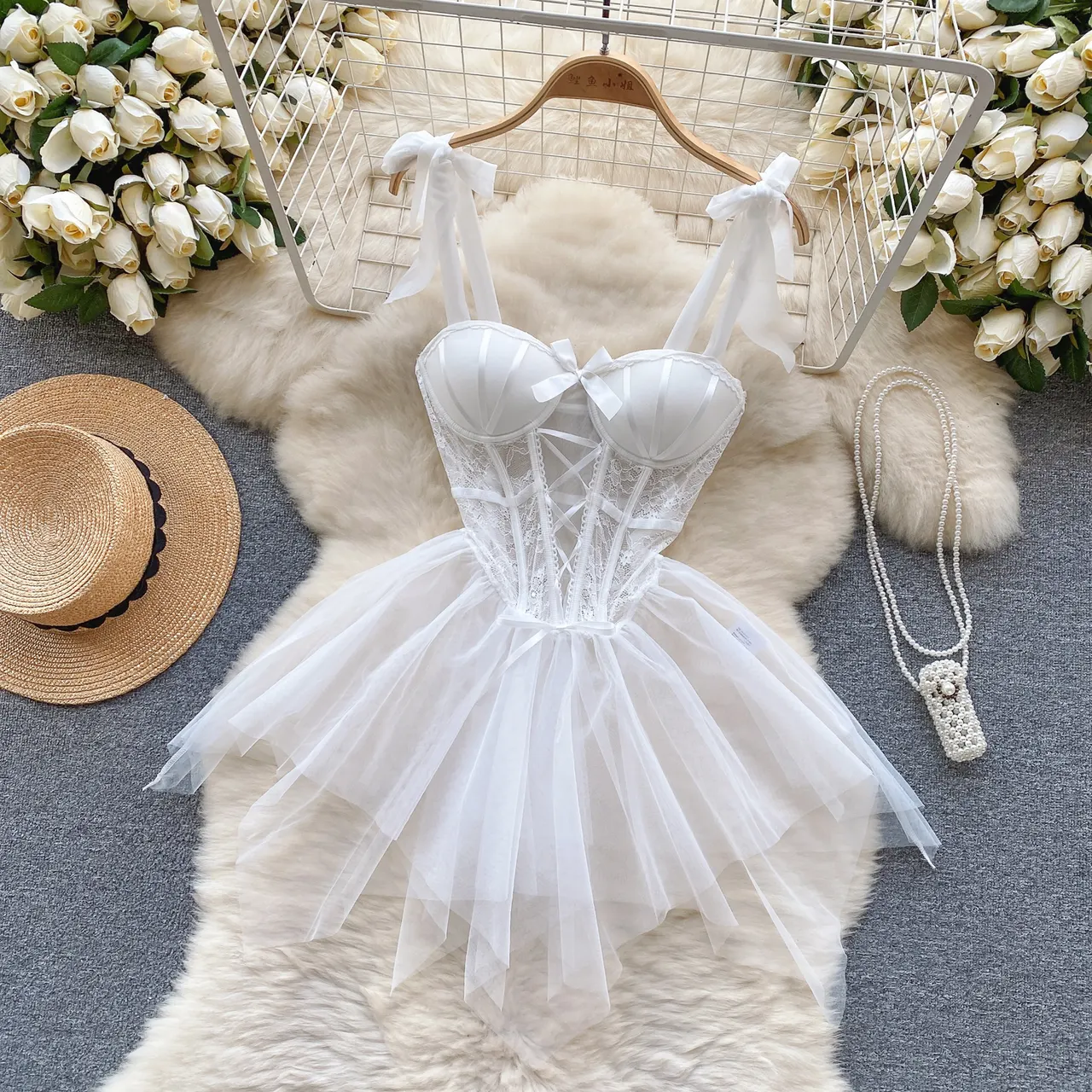 Caprisious Elegant Lace Corset Dress with Adjustable Straps and Matching Bottoms