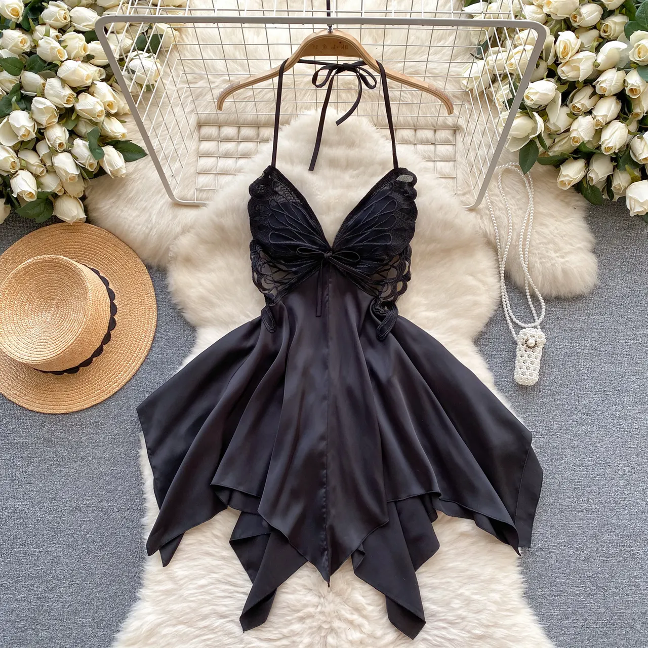 Caprisious Elegant Butterfly-Inspired Halter Neck Satin Dress with Lace Bodice