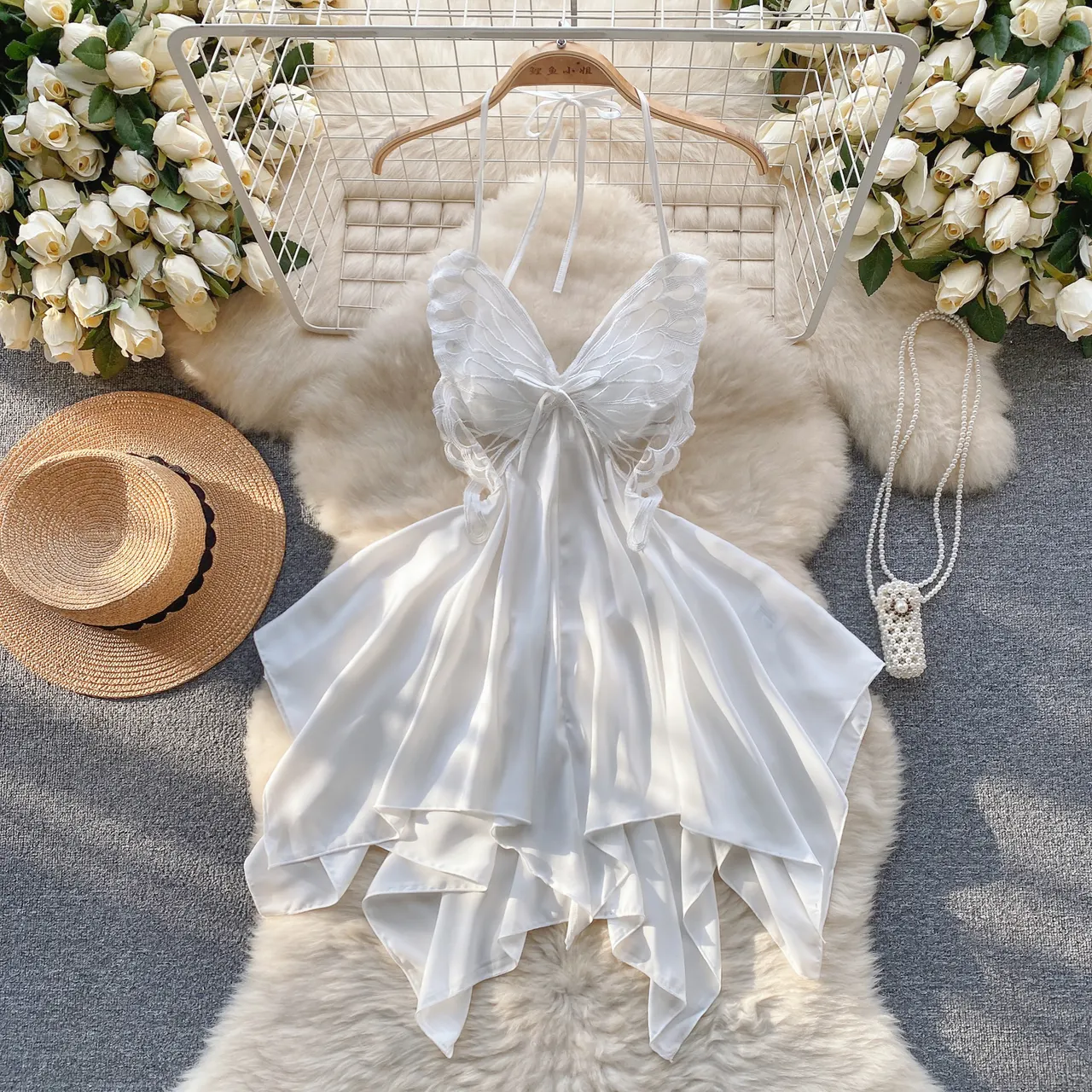 Caprisious Elegant Butterfly-Inspired Halter Neck Satin Dress with Lace Bodice