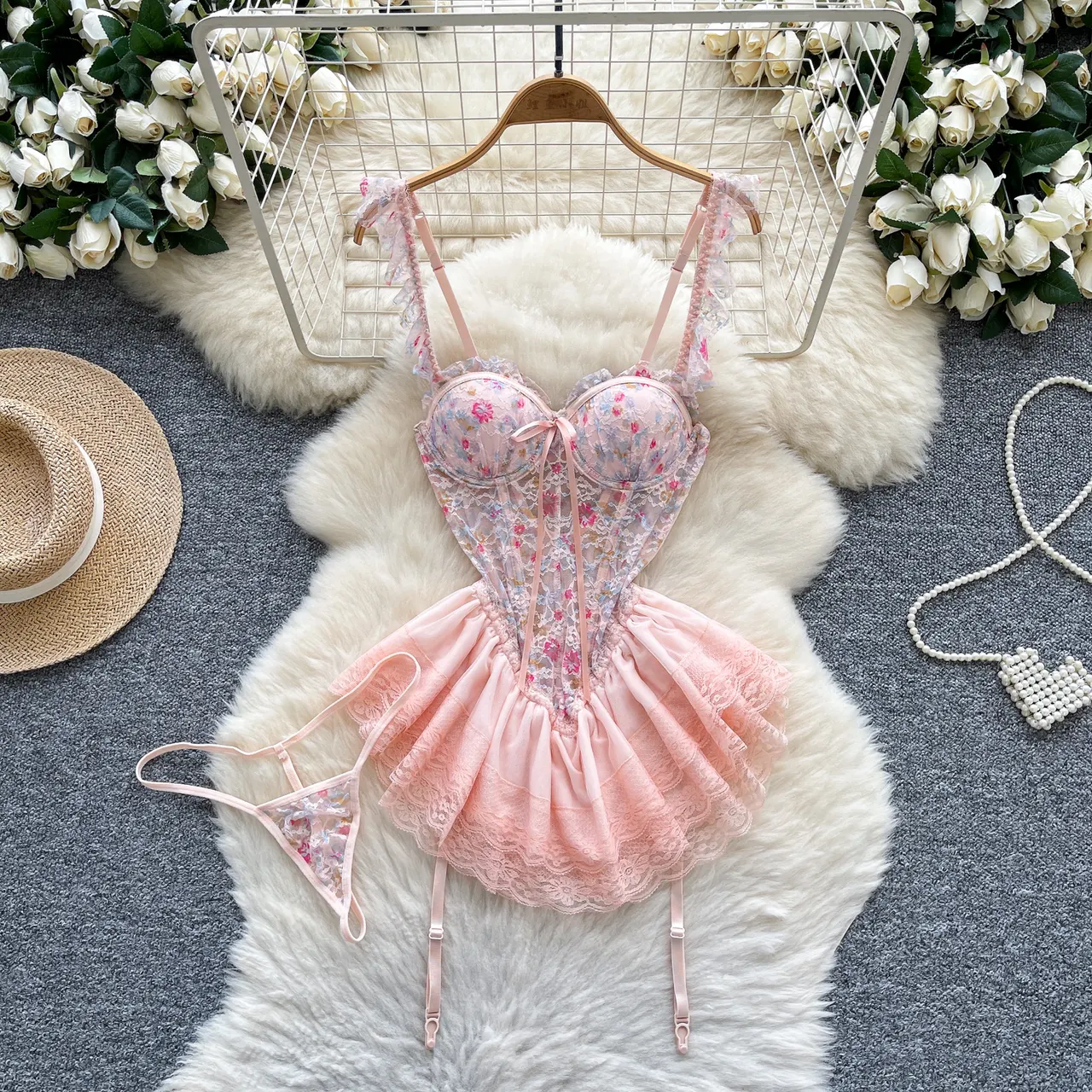 Caprisious Floral Lace Mesh Bodice Dress with Pleated Skirt and Adjustable Straps
