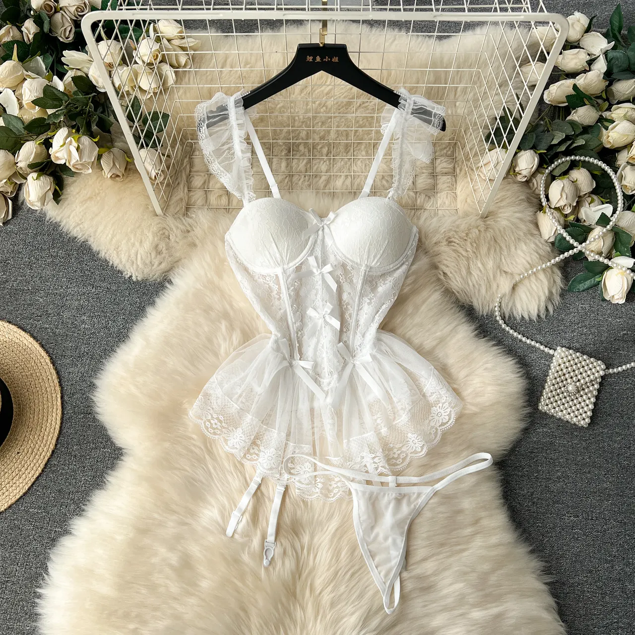 Caprisious Elegant Lace Corset with Adjustable Straps and Matching Bottoms