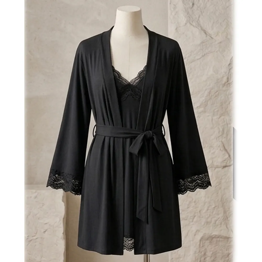 Caprisious Lace-Trimmed Ribbed Lounge Set