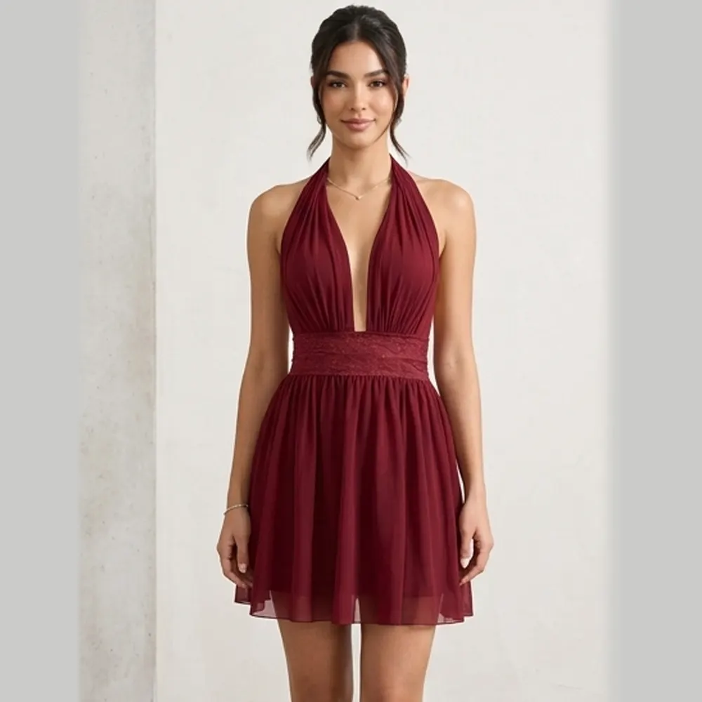 Caprisious Ethereal Deep-V Halter Mini Dress with Lace Waist Detail Red