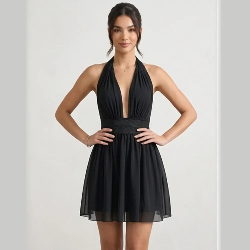 Caprisious Ethereal Deep-V Halter Mini Dress with Lace Waist Detail Black