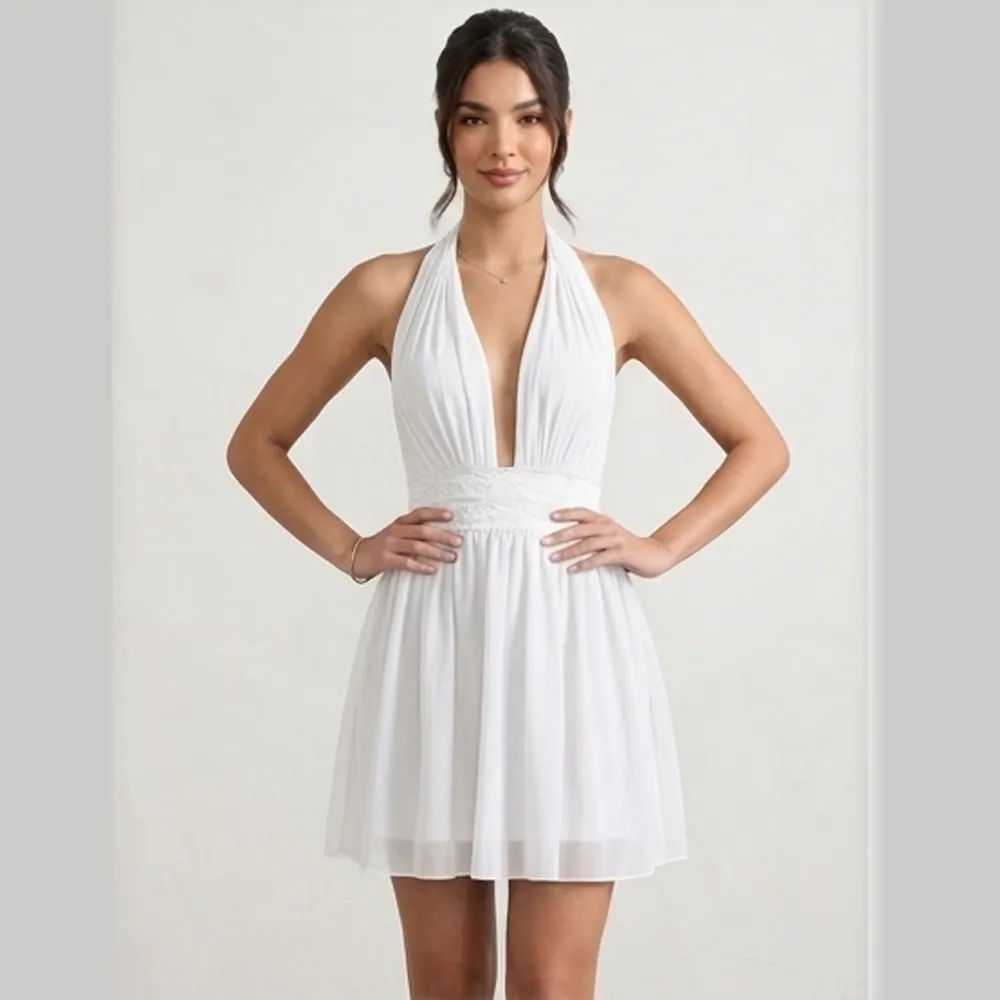 Caprisious Ethereal Deep-V Halter Mini Dress with Lace Waist Detail White